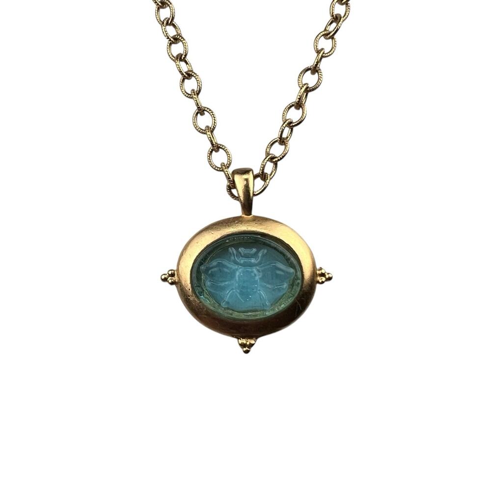 Susan Shaw Gold Tone 28" Chain Necklace Blue Venetian Glass Intaglio Bee Pendant